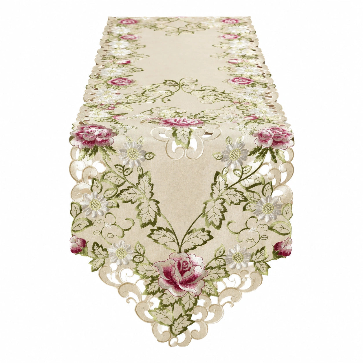 Runner da tavolo 180 x 40 cm in poliestere beige con ricamo floreale stile classico