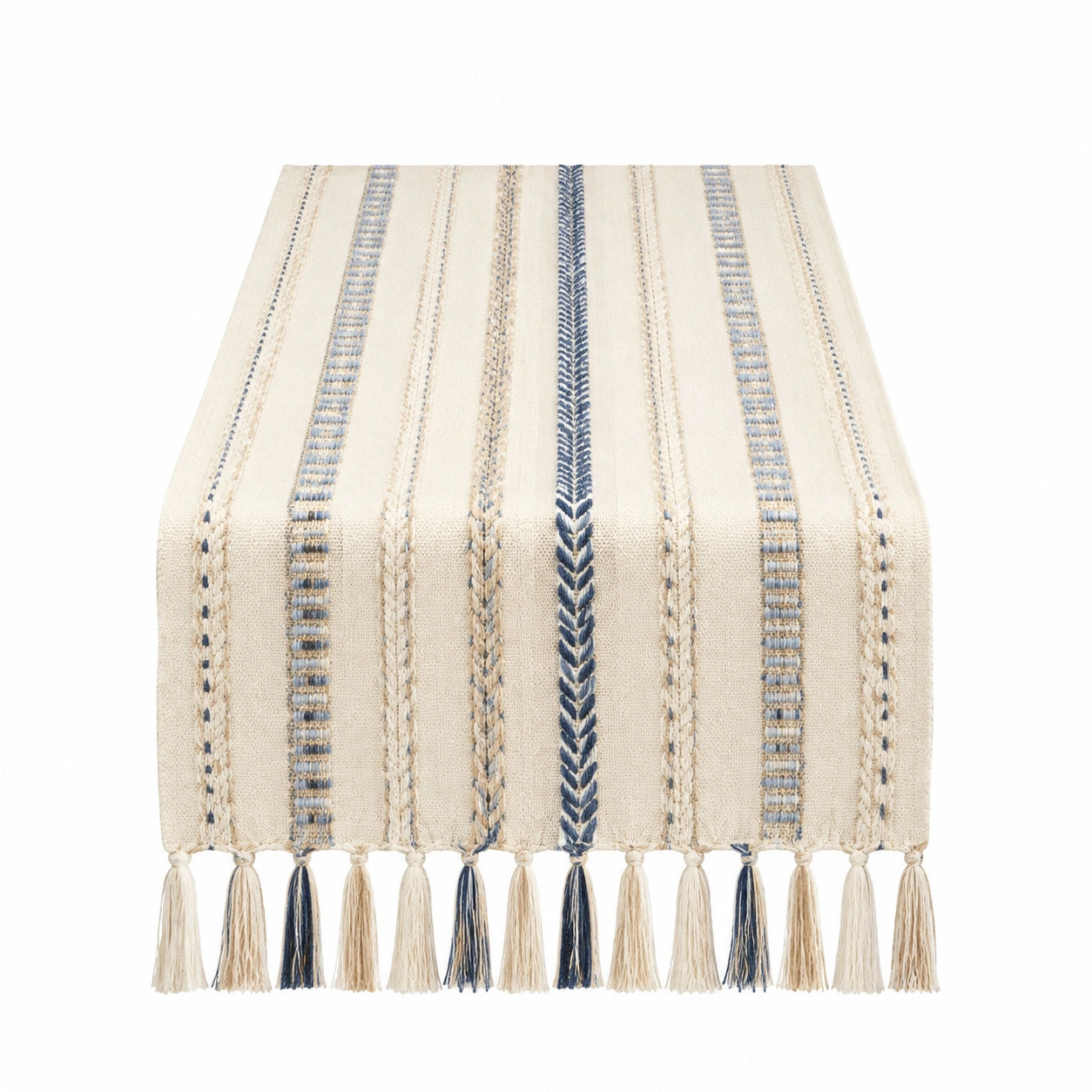 Runner da tavola 180 x 35 cm in tessuto beige e blu con frange stile boho