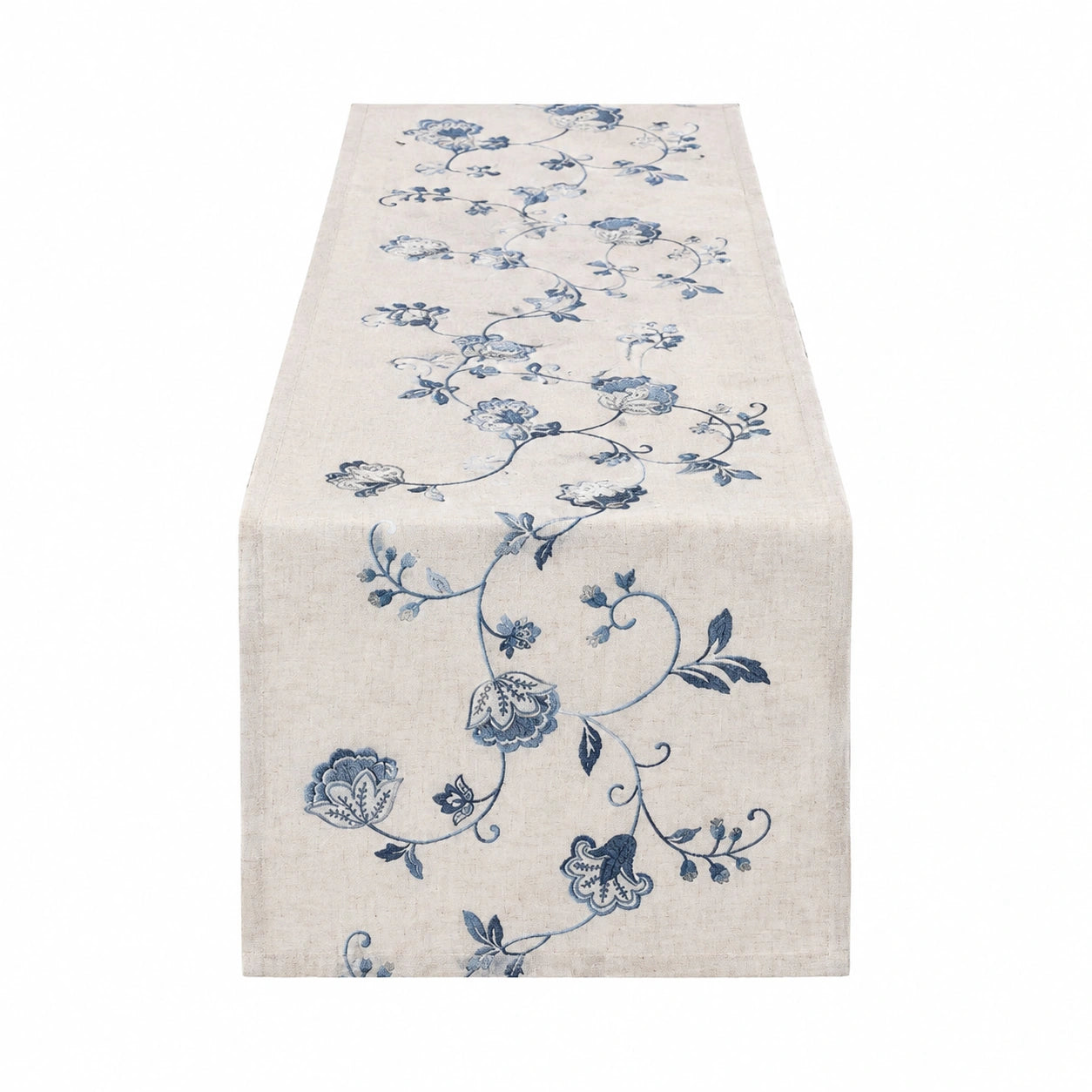 Runner da tavola 40 x 180 cm in tessuto beige e blu con motivo floreale - stile classico