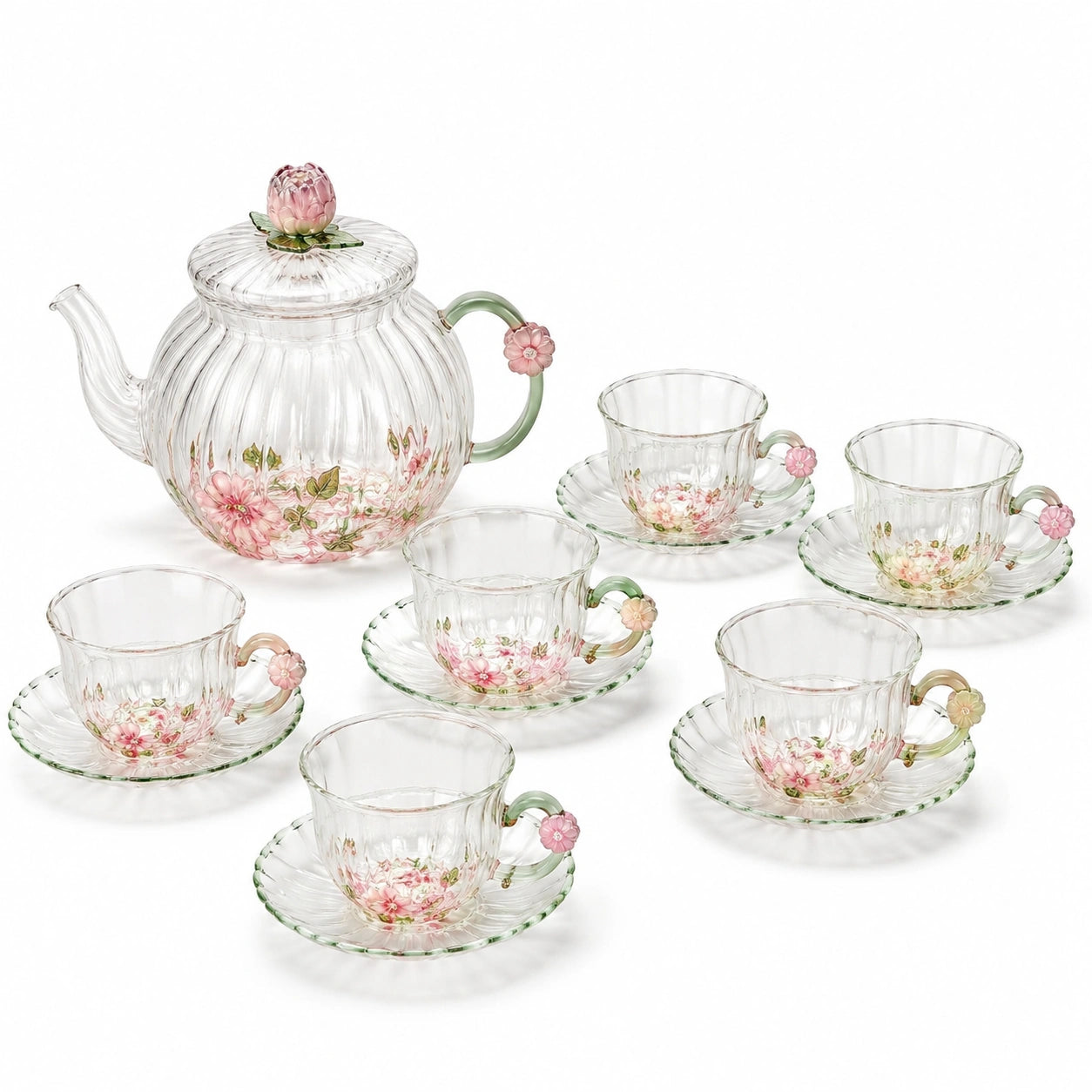 Servizio da tè 6 persone 1200 ml in vetro trasparente con decoro floreale