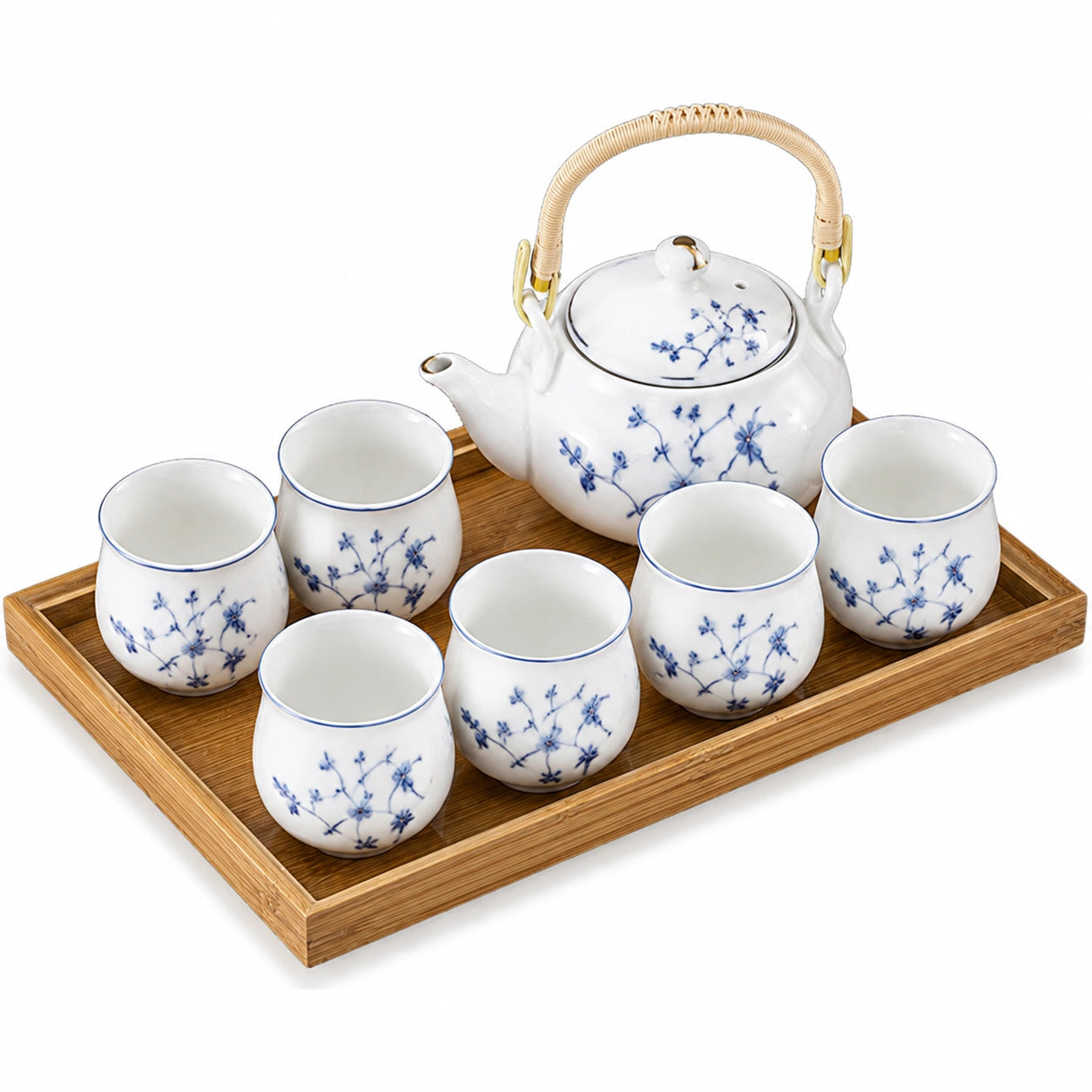 Servizio da tè in ceramica bianco e blu 38 x 25 cm con vassoio in bambù per 6 persone