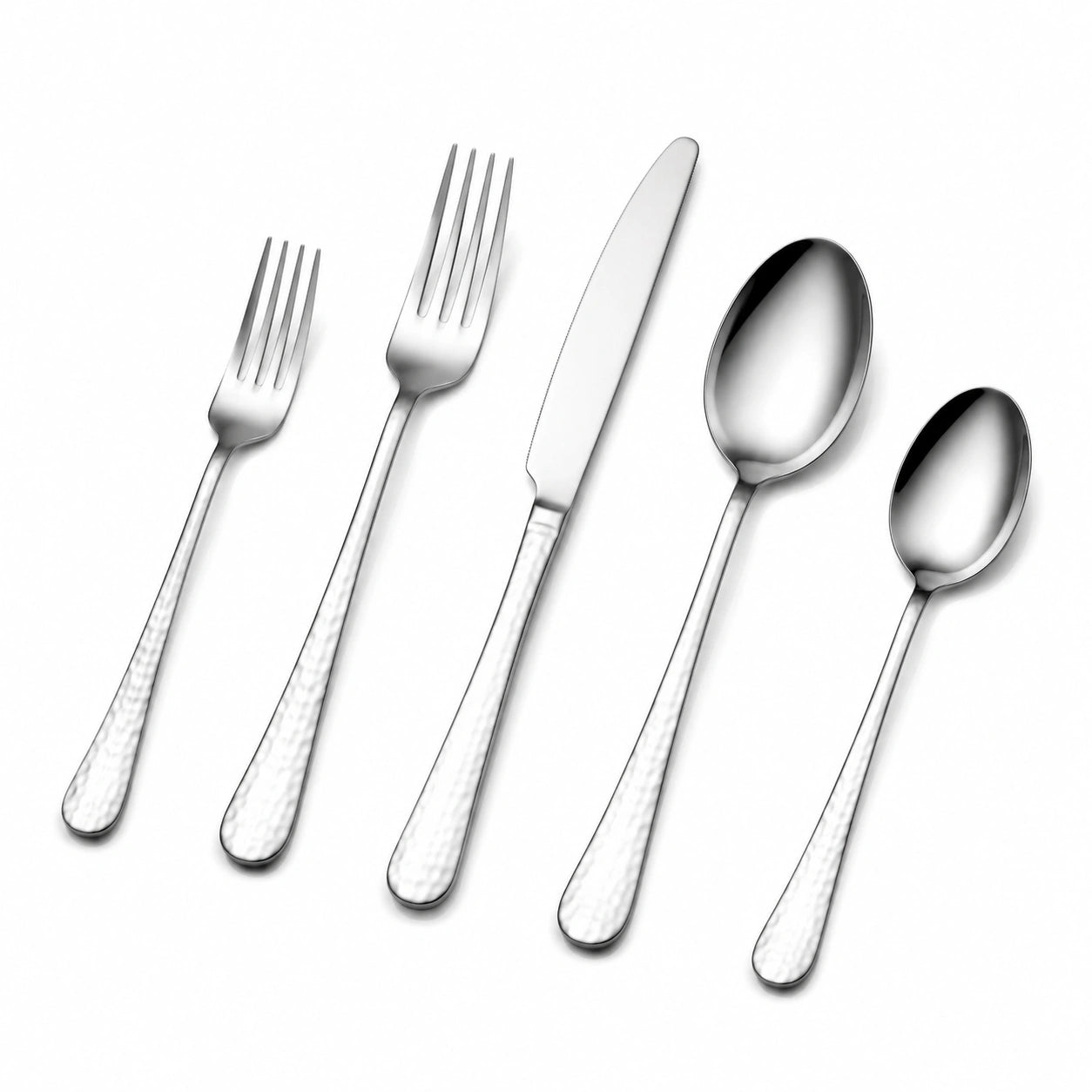 Set posate 5 pezzi in acciaio inox argento con manici martellati per tavola