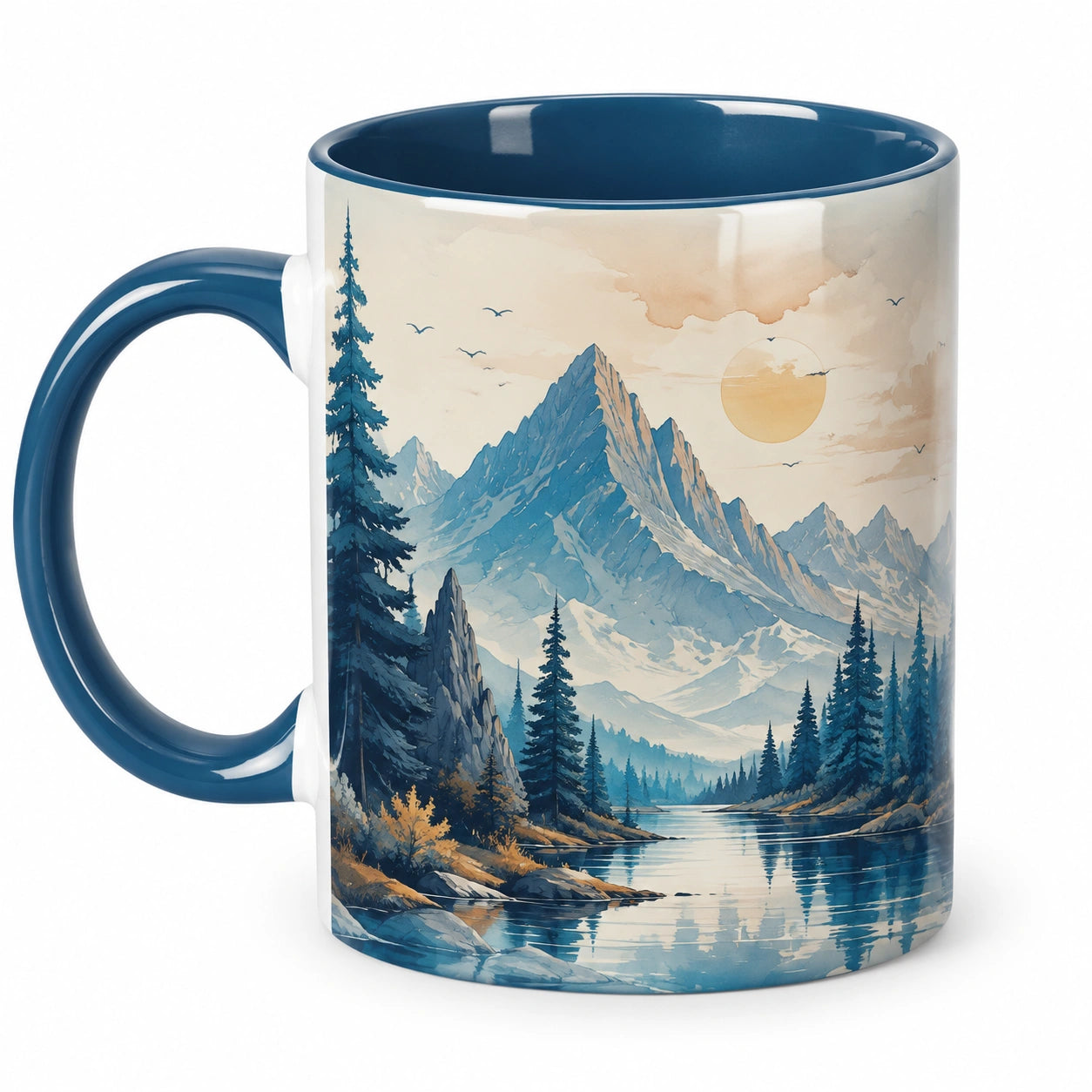 Tazza in ceramica 350 ml blu e bianca con paesaggio montano