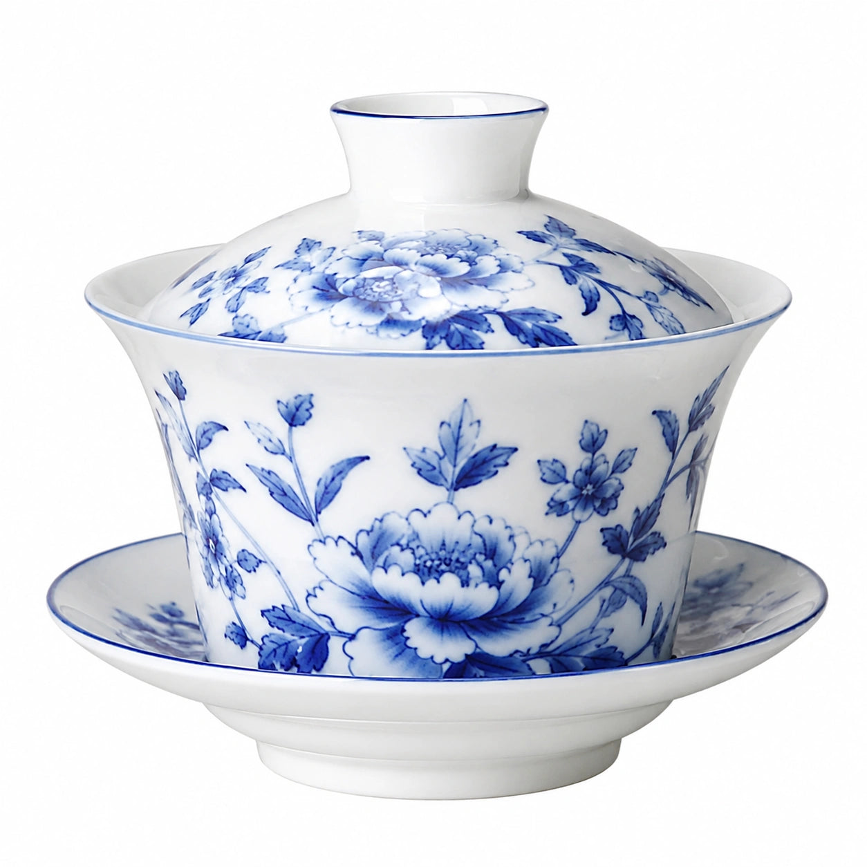 Tazza Gaiwan in porcellana 150 ml bianca e blu con motivo floreale per tè
