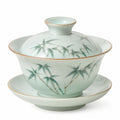 Tazza Gaiwan in porcellana verde celadon 150 ml con coperchio e piattino decorazione bambù