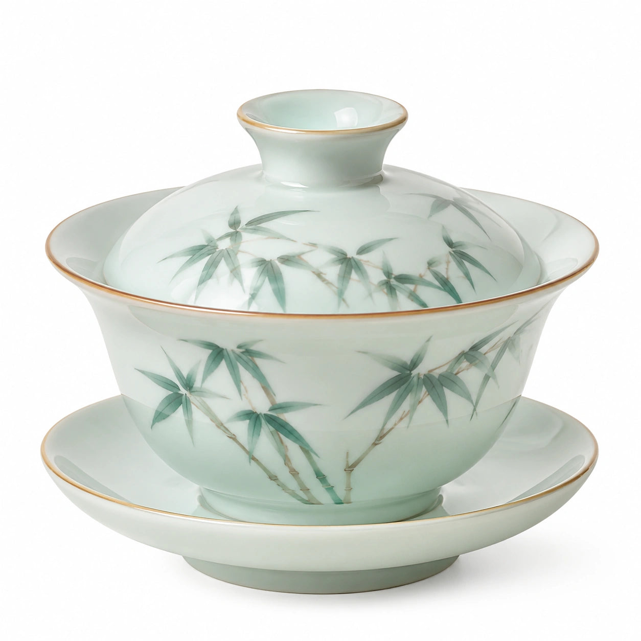 Tazza Gaiwan in porcellana verde celadon 150 ml con coperchio e piattino decorazione bambù