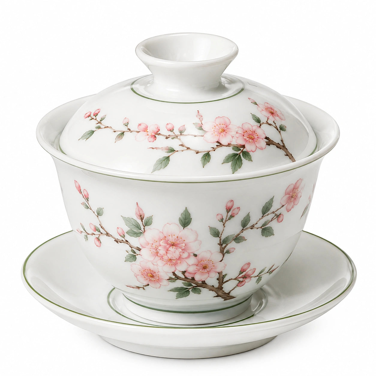 Tazza Gaiwan in porcellana bianca 180 ml con decoro floreale rosa e coperchio